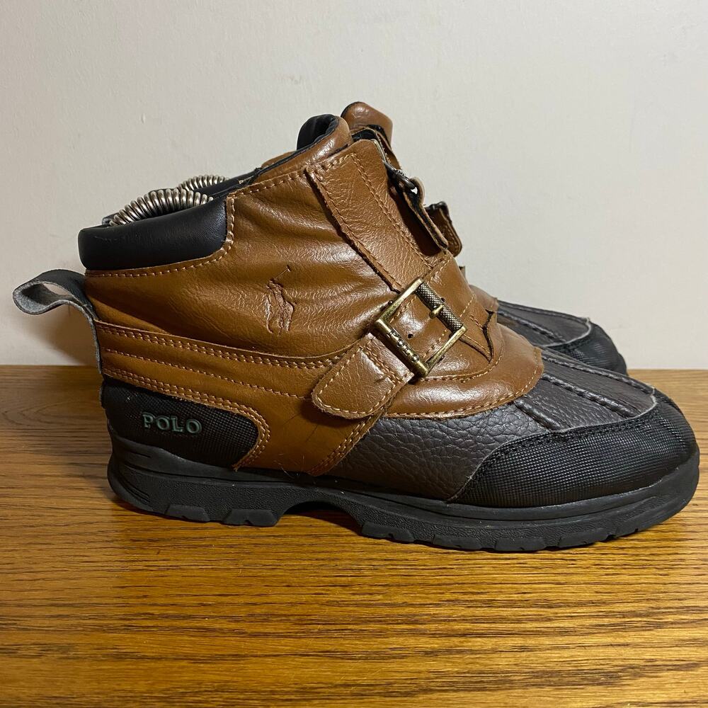 Vintage Polo Ralph Lauren Boys Low Duck Boots Shoes Zip Up Brown Leather Size 3